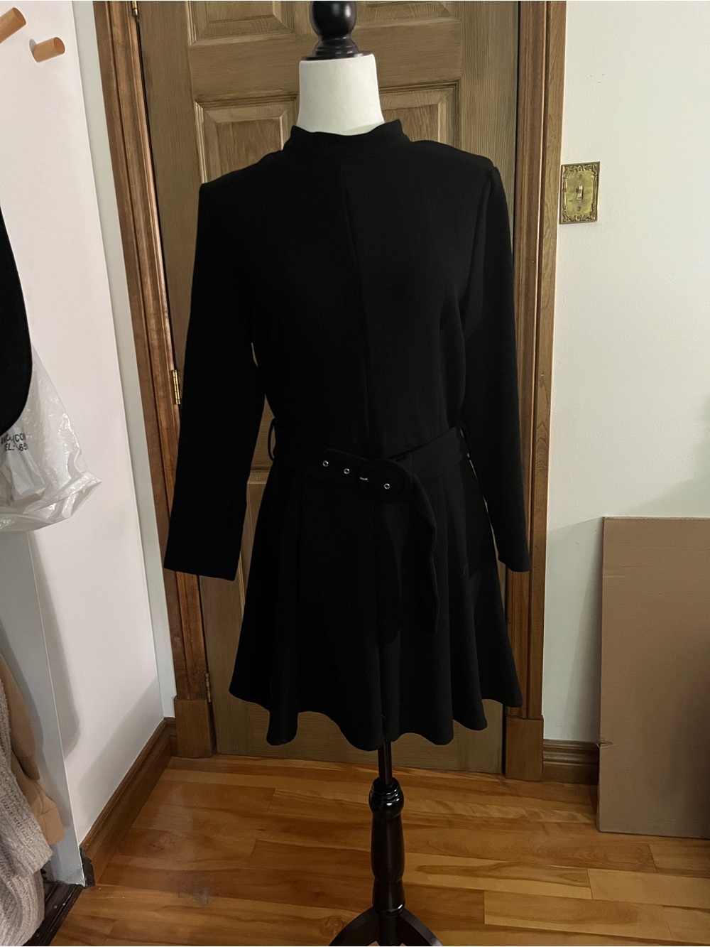 Zara Black Long-Sleeve Belted Mini Dress with Flared Skirt